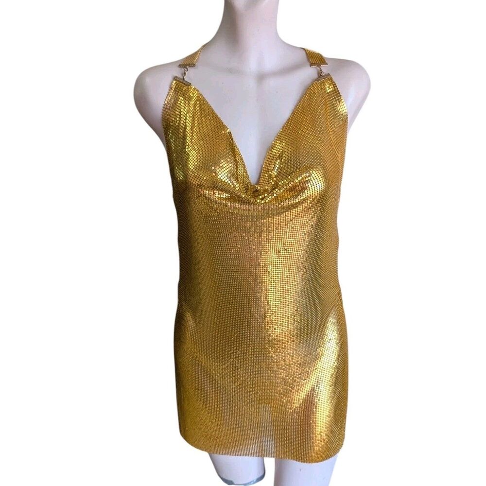 Authentic Vintage Studio 54 Dress Liquid Gold Seamless Mesh Chainmail Metal